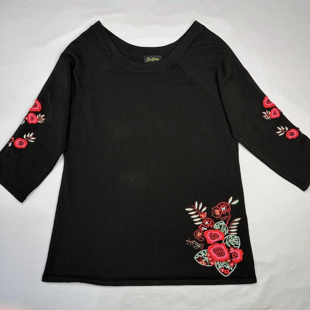 Cartise Sweater Womens Sweater Medium Black Floral Embroidered 3/4 Sleeve Boho‎